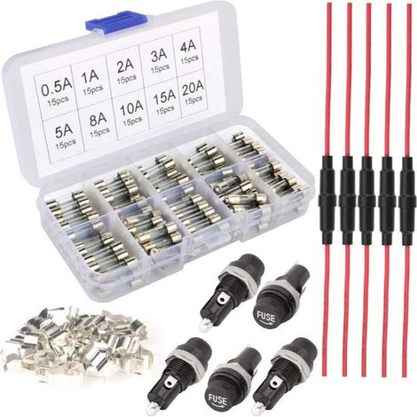 Schnellschmelzsicherungssatz: 150 Stück 5x20mm Glassicherungen + 5 Stück Inline-Sicherungshalter mit 22AWG-Draht + 5 Stück Einbau-Sicherungshalter + 30 Stück Sicherungssitze (1/5)
