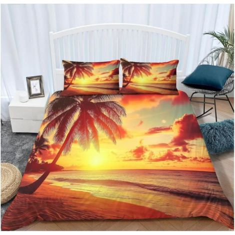 Housse de Couette 240x260 cm Coucher De Soleil Plage Parure de lit Fermeture Éclair Ensemble Polyester 2 Taie d'oreiller - BL3 (1/3)