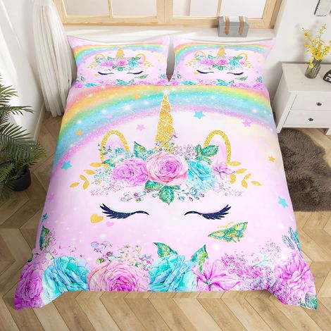 Parure de lit licorne 135 x 200 cm pour enfants filles chambre à coucher adolescents 3D violet licorne arc-en-ciel housse de couette ultra douce et moelleuse (1/5)