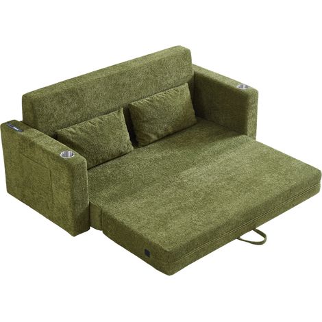 2-Sitzer Klapp-Schlafsofa grün aus Samt mit USB, Becherhaltern und Taschen MODENUIT (1/5)