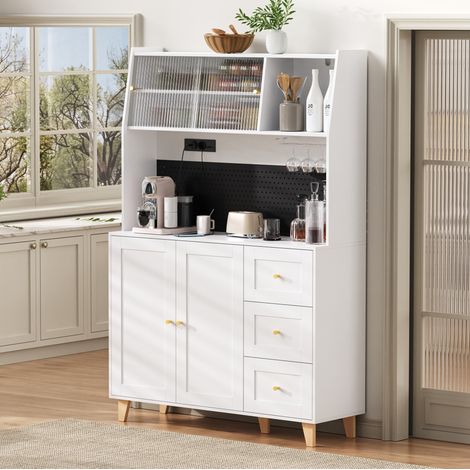 Buffetschrank 120x40x184 cm weiß MDF mit Steckdosen, Lochplatte, Glashaltern und Schubladen (1/5)