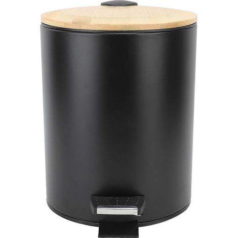 Poubelle noire 7L avec couvercle en bambou à fermeture douce et pédale (1/5)