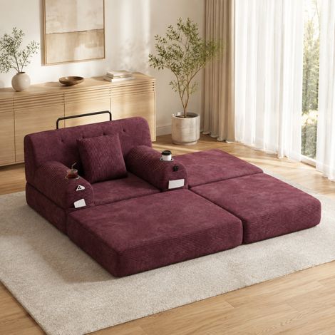 Divano letto 191x162x81 cm in velluto a coste bordeaux salvaspazio - MEUBLIV (1/5)
