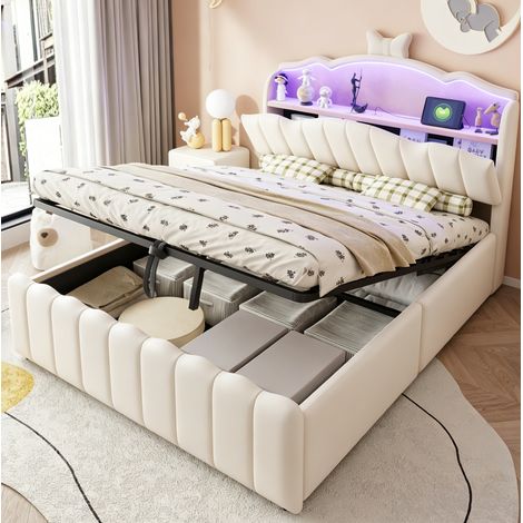 Letto imbottito per bambini 140x200 cm beige in velluto con LED, prese USB/USB-C e contenitore (1/5)