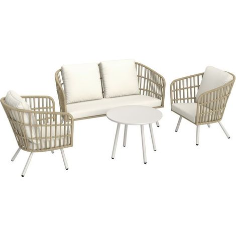 Ensemble rotin synthétique extérieur résistant aux intempéries pour 4 pers., canapé 2pl, fauteuil, table + coussins, kaki (1/5)