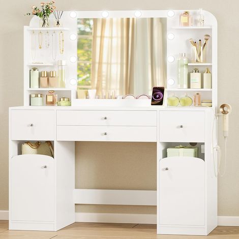 Coiffeuse avec LED et miroir haute définition – 2 prises et 2 ports USB – Rangement bijoux avec fentes en velours – Dimensions 40 x 108 x 144 cm (1/5)