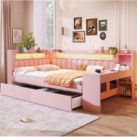 Bett Daybed gepolstert 140x200 cm Rosa mit Kopfteil, LED, USB, Schreibtisch und 2 Schubladen