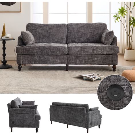 Canapé moderne 2 places en chenille avec pieds en bois, éclairage LED, port de charge USB et poche de rangement – ​​Salon, chambre ou bureau (Tissu chenille gris) (1/5)