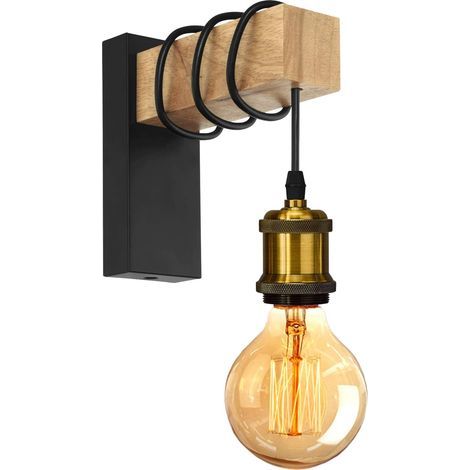 Applique murale vintage industrielle – Abat-jour métal noir et laiton – Support bois – 15x6,5x22cm – Pour salon, couloir, bar (1/5)