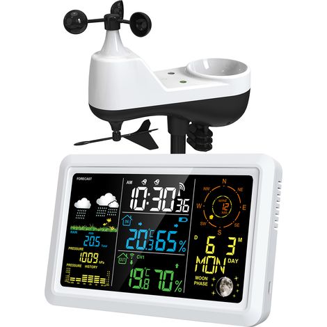 Station météo avec capteur extérieur thermomètre intérieur écran LCD VA 7.5 pouces prévisions température humidité pression atmosphérique vitesse et direction du vent phase lunaire (1/5)