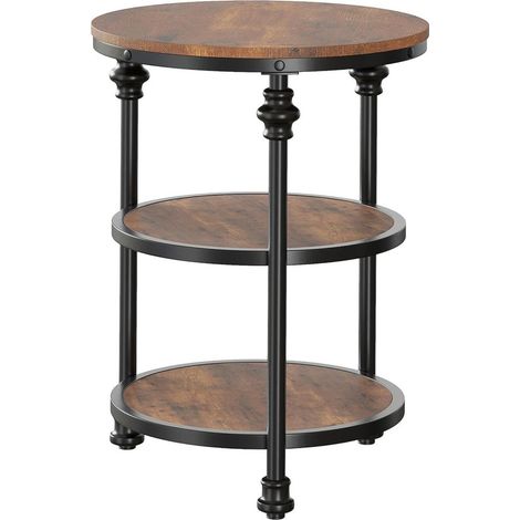 Table d’Appoint Ronde, Bout de Canapé à 3 étagères, Table de Chevet Petite, Table Basse au Style Industriel, pour Salon, Chambre, Marron Rustique et Noir (1/5)