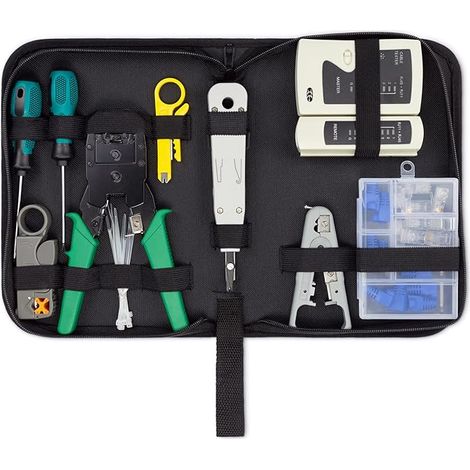 Kit de 10 Outils Réseau avec Sacoche Comprenant un Testeur de Câble une Pince à Sertir LSA des Outils de Pose une Pince à Dénuder IT Ordinateur Réseau Outil LAN CAT RJ11 RJ12 RJ45 (1/5)