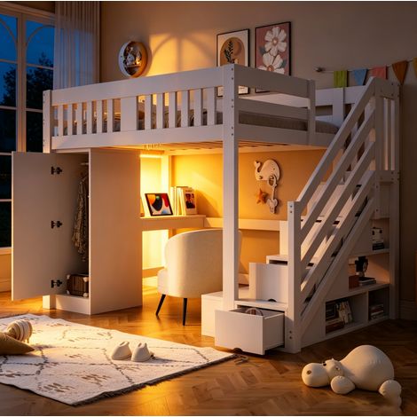 Lit mezzanine multifonction blanc bois 140x200 cm avec escalier rangement, armoire, bureau prise UE et LED