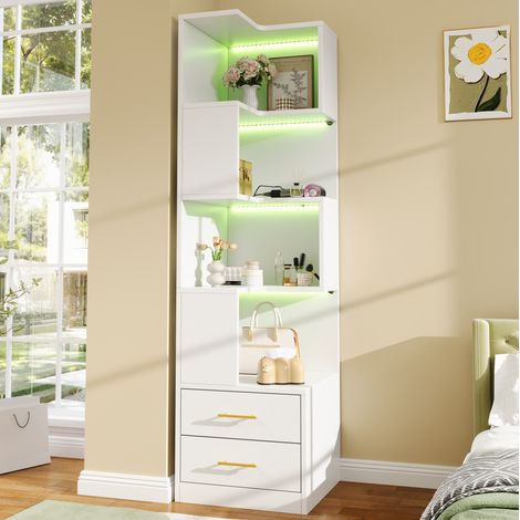 Étagère d'angle blanche 165 cm avec LED et 2 tiroirs, 4 niveaux, en panneau de particules (1/5)