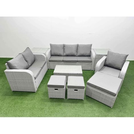 Fimous Patio PE Wicker 9 Seater Outdoor Rattan Furniture Sofa Sets with Rectangular Coffee Table Reclining Chair Loveseat Sofa 3 Seater Sofa Stool 2 Side Table Light Grey (1/4)