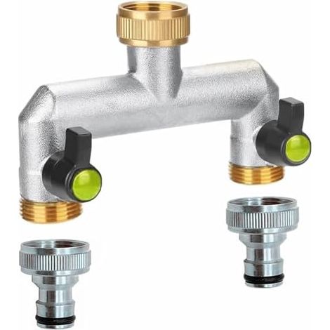 Robinet Distributeur 2 Voies, Double Sortie Répartiteur d'eau, d'eau 3/4, Adaptateur Tuyau Arrosage, Connecteur de Voies pour Maison, Jardin - (1/5)