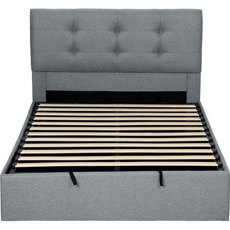 Lit coffre 140x190, cadre double rembourré avec sommier à lattes en bois et rangement caché, sans matelas, gris (1/5)