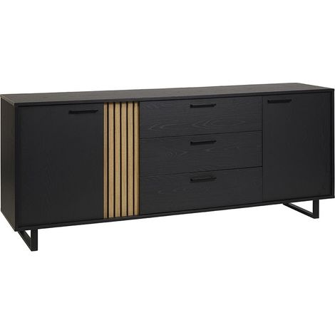Design-Buffet 220cm mit 2 Türen und 3 Schubladen für das Wohnzimmer in Schwarz und Eiche, Kollektion LOFT, mit Metallfüßen.