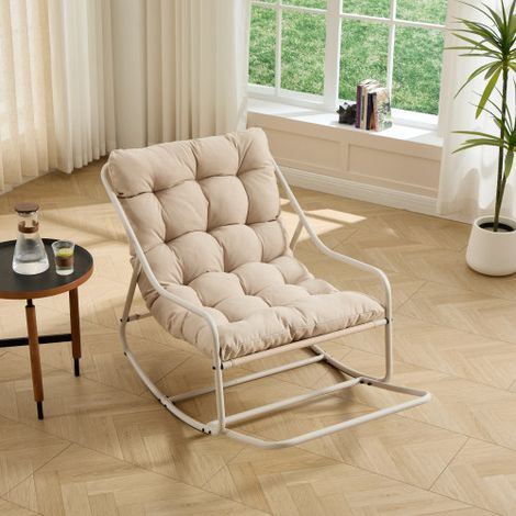 Schaukelstuhl Outdoor beige 75x116x82 cm mit dickem Kissen, moderner Metall-Schaukelstuhl für Wohnzimmer, Schlafzimmer, Lesezimmer, Terrasse