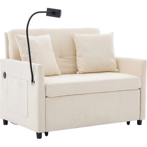 Sofá cama individual plegable multifunción de tela beige con puerto USB y soporte para tableta (1/5)