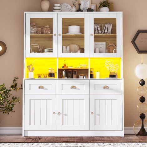 Buffet de cuisine (140×40×175cm),étagères réglables,éclairage LED,4 portes,3 tiroirs,Buffet haut,Buffet salon,Buffet salle a manger,blanc (1/5)