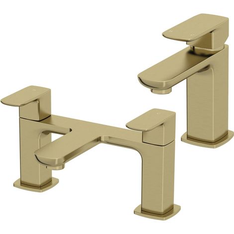 Matera Bathroom Bath Filler Basin Mixer Tap Set Deck Mounted Square Modern Brass (1/5)