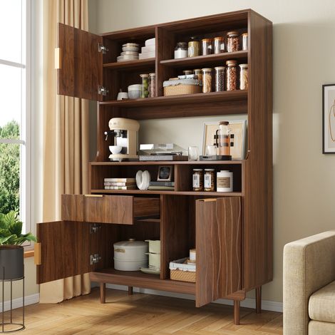 Hochschrank küchenschrank buffet 100x32x170cm mit schublade türen und offenen regalen aus mdf und massivholz modern