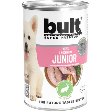 Alimento húmedo para perros BULT Junior sabor pavo y conejo, lata de 400 g.