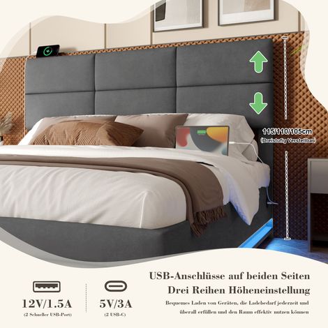 Lit tapissé en velours gris 140x200 cm, tête de lit réglable en hauteur, ports USB/Type-C intégrés, éclairage LED d'ambiance, coffre de rangement XXL avec système hydraulique, sans matelon. (1/5)