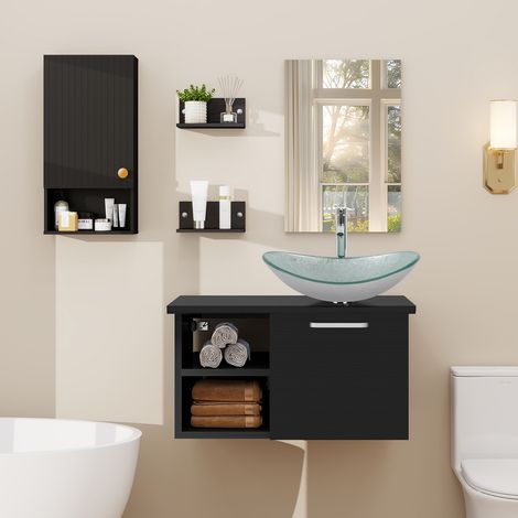 Puluomis Ensemble de meuble-lavabo, meuble mural - vasque, meuble mural à rayures noires, meuble-lavabo en bois noir - avec miroir, vasque -robinet, Lavabo en feuille d'argent, ensemble de salle de ba (1/5)