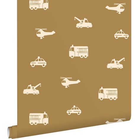 papier peint voitures, camions de pompiers, hélicoptères et grues jaune ocre  - ESTAhome (1/5)