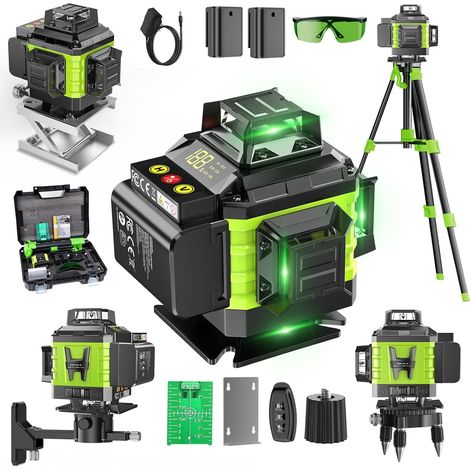 Niveau Laser Chantier Autonivelant 360° x 4, Lazer Niveaux 4D 16 Lignes Laser, Autonivellement et Mode Pulsé Extérieur, 2 x Batterie, Nivellement Automatique, Support Rotatif, Télécommande, Trépied