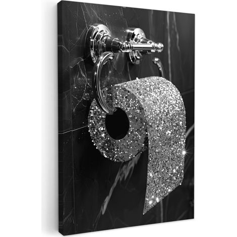 TABLEAU SUR TOILE WC - Papier hygiénique - Noir et blanc - Paillettes Cadre Décoration Murale 40x60 cm