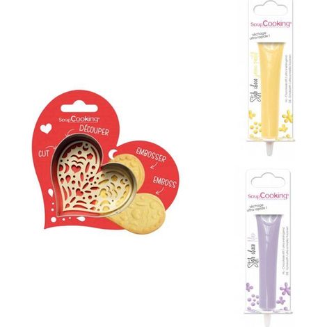 Kit pour biscuit en relief Coeur + 2 Stylos au chocolat jaune pastel et lilas (1/3)