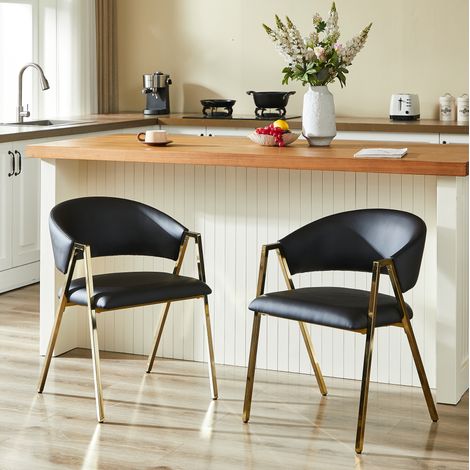 Set di 2 sedie da pranzo nere con struttura in metallo dorato e finitura effetto pelle,56x59x77cm (1/5)