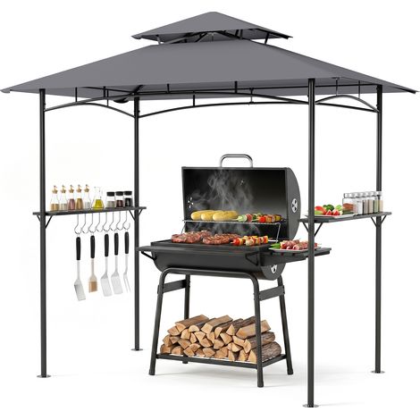 Tonnelle de Barbecue, Abri Barbecue avec Double Toit Imperméable, 2 Tablettes Métal, Cadre Thermolaqué, 8 Crochets Supérieurs, Cazebo Jardin (1/5)