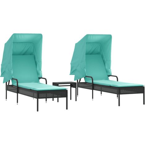 Lot de 2 Bains de Soleil avec Auvent et Table Résine Tressée Transats de Jardin Réglables Noir (1/5)