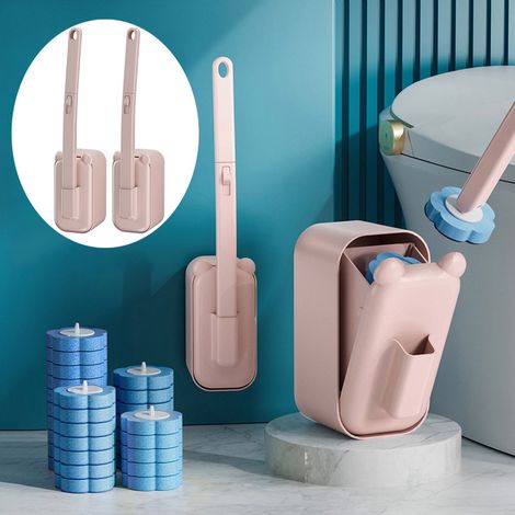 Lot de 2 brosses WC jetables avec têtes de rechange, rose, pour salle de bain et toilettes, avec 84 têtes de rechange (1/5)