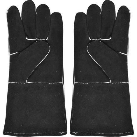 Grillhandschuh, Kaminhandschuh, Ofenhandschuh, hitzebeständiger Lederhandschuh, feuerfester Schutzhandschuh (Rindsleder, Schwarz) (1/4)