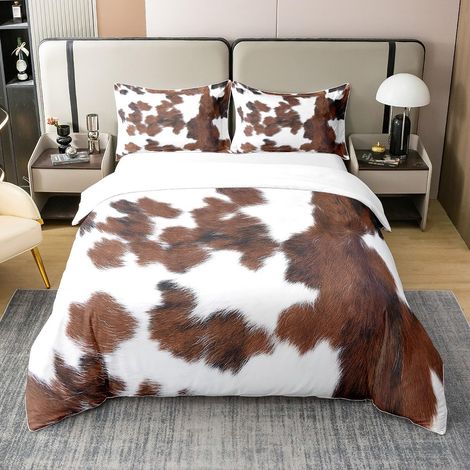 Housse de couette 100 % coton - Motif vache marron et blanc - 220 x 240 cm - Housse de couette avec fermeture éclair - Motif peau de cowboy occidental (1/5)