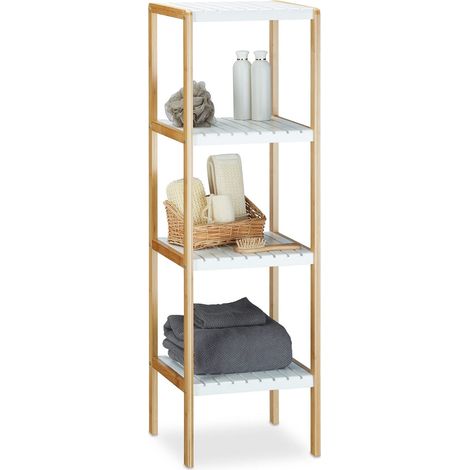 Étagère en Bambou avec 4 Niveaux, H x L x P : 110 x 33 x 34 cm, pour la Salle de Bain, en Bambou, Blanc/Nature (1/5)