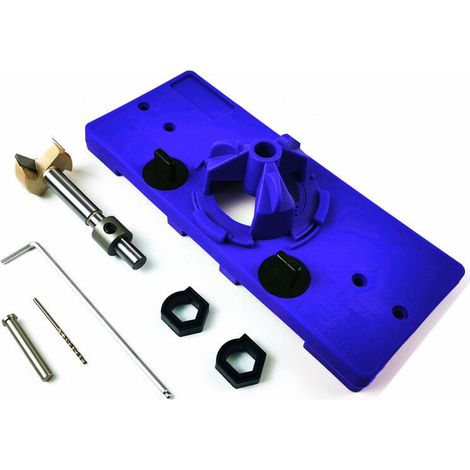 Plantilla para taladrar bisagras invisibles, plantilla para agujeros de bisagra de 35 mm, guía de taladro con anillo de tope, varilla de posicionamiento, taladro/atornillador para madera – Azul (1/5)