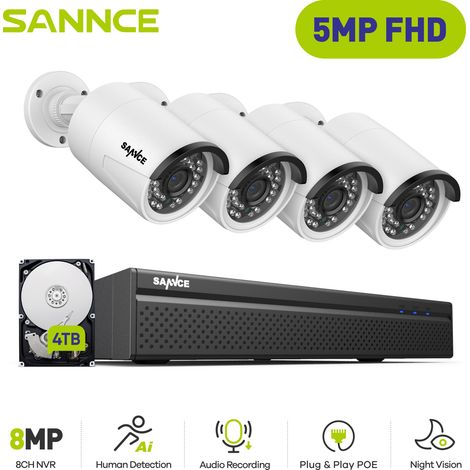 SANNCE PoE Kit di Videosorveglianza 8 Canali NVR 5MP 4Telecamera Smart IR Visione Notturna Microfono Incorporato Impermeabilità IP66 Sistema di Sicurezza - 4TB HDD (1/5)