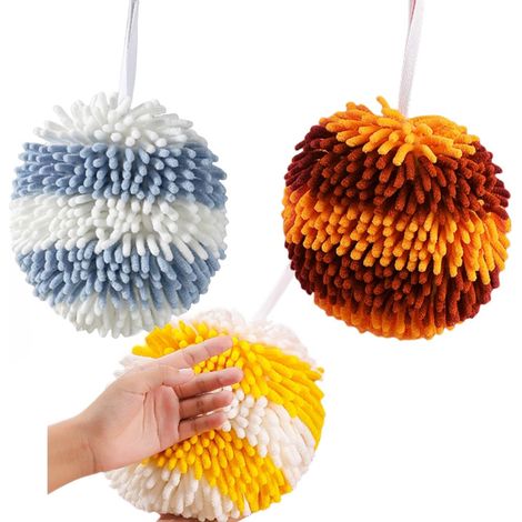 Lntyq Lot de 3 essuie-mains chenille à suspendre pour salle de bain et cuisine avec boucles de suspension, serviette pelucheuse à séchage rapide (jaune, bleu, marron)