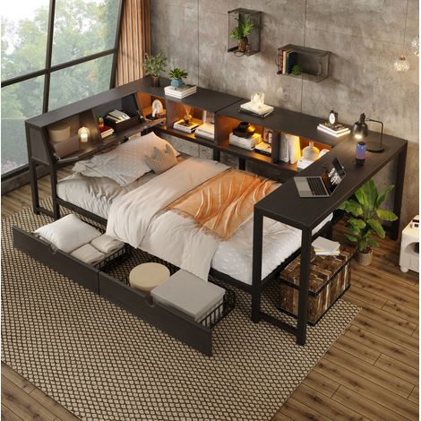 Cama individual 90x200 cm de metal y MDF negro con escritorio y cajones - MEUBLIV (1/5)