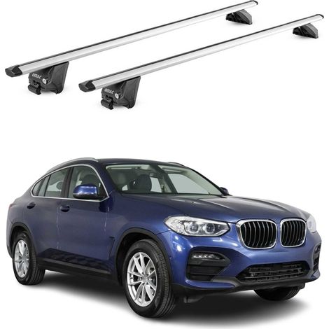 OMAC Barres de toit aluminium certifiées TÜV pour BMW X4 F26 G02 2014-2025 – Pour rails de toit intégrés – Rainure en T – Charge max 100 kg – 2 antivols Argent (1/5)