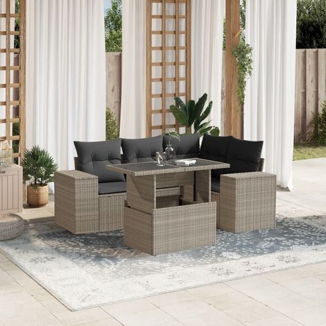 Salon de jardin 5 pièces en résine tressée gris clair avec coussins et table relevable, 54.3kg - PANGIVO (1/5)