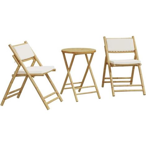 Ensemble table et chaises pliantes trois pièces avec coussins en bambou blanc cassé. (1/5)