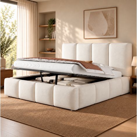 Letto matrimoniale 180/200 cm bianco in bouclé con contenitore idraulico e rete a doghe (1/5)