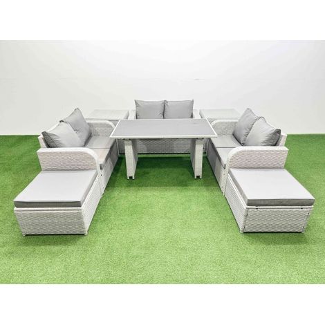 Fimous 8 Seater Patio Garden Furniture Sets with Black Glass Top Dining Table Love Sofa 2 Side Tables 2 Big Stool Light Grey (1/4)